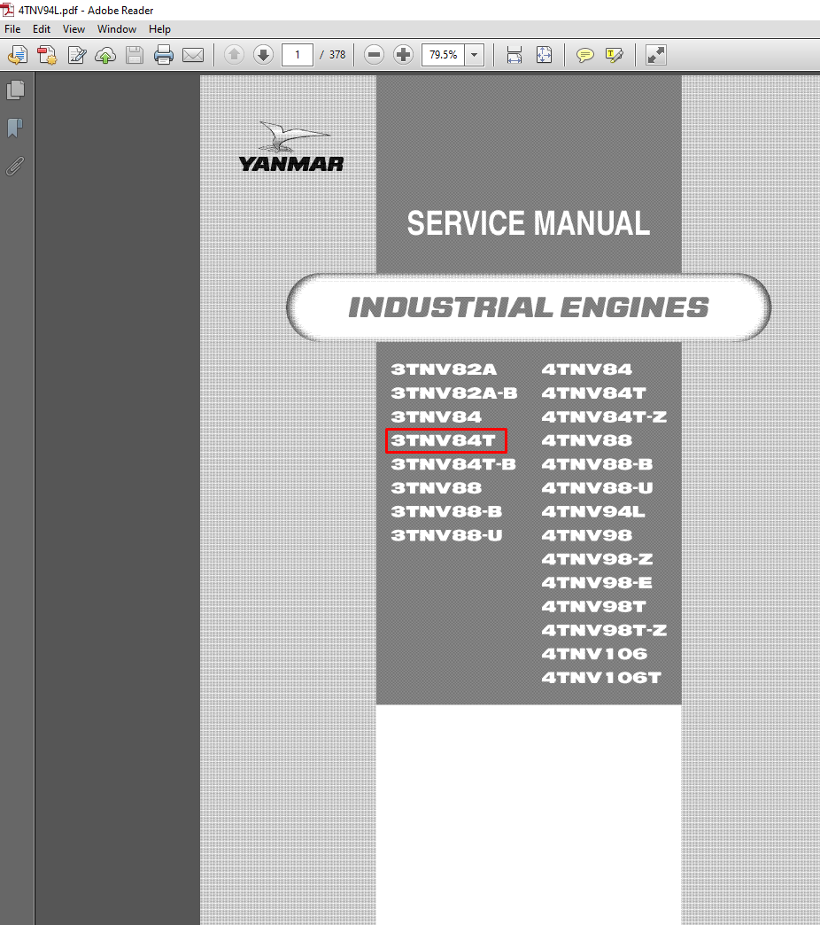 Yanmar 3TNV84T Engine Service Repair Manual cover featuring technical illustrations and detailed service instructions