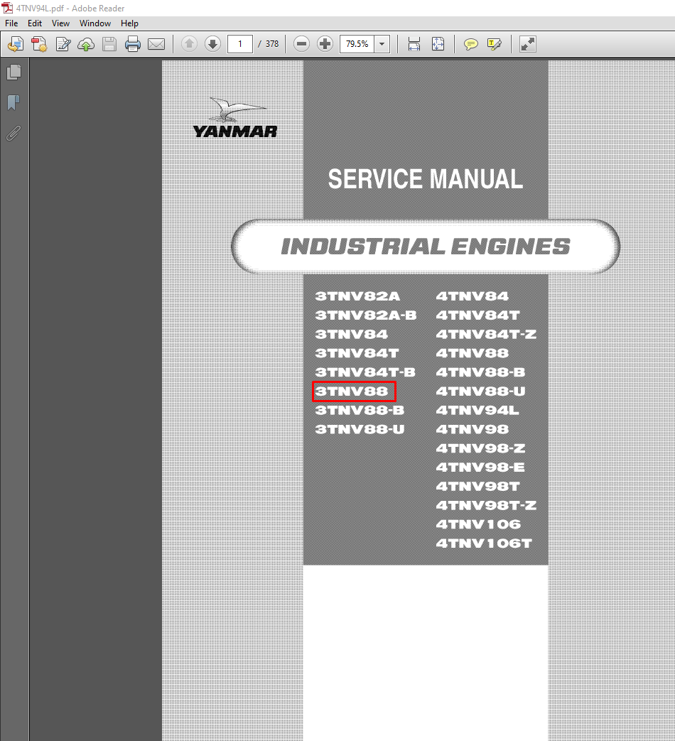 Yanmar 3TNV88 engine service repair manual cover featuring technical illustrations and detailed instructions