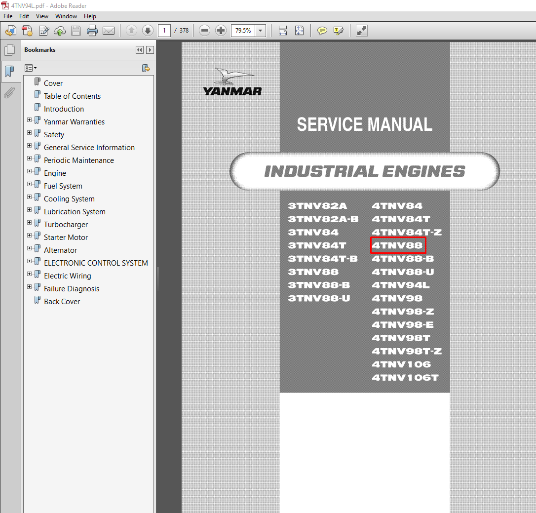 Yanmar 4TNV88 service manual PDF, showcasing essential maintenance procedures and technical information for the engine