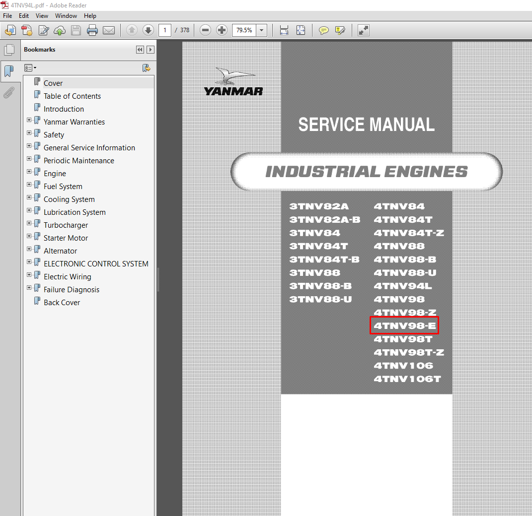 Yanmar 4TNV98-E Engine Service Repair Manual cover featuring technical illustrations and detailed service instructions
