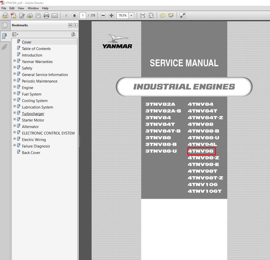Yanmar 4TNV98 engine service repair manual, showcasing diagrams and repair guidelines for maintenance