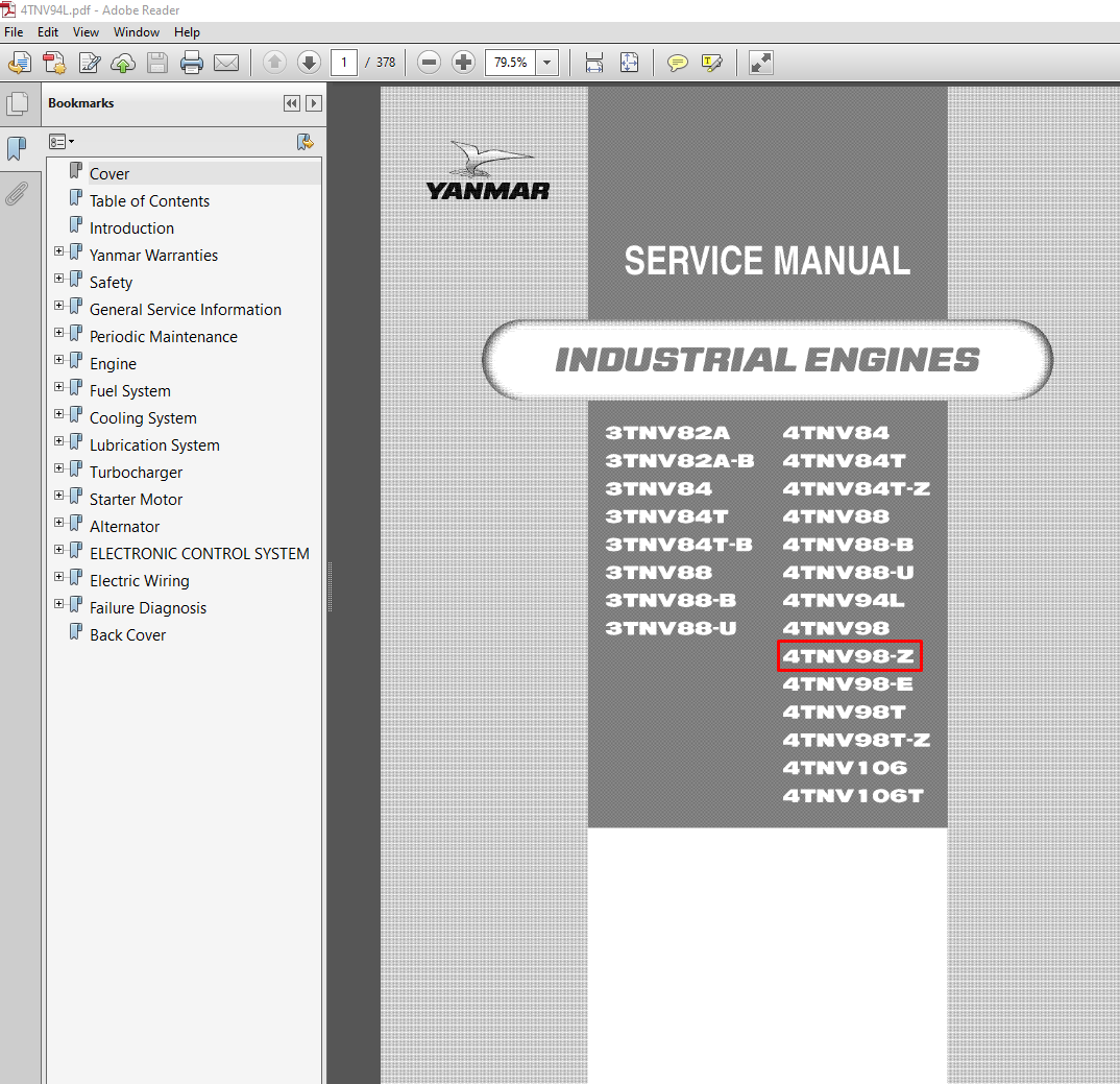 Yanmar 4TNV98-Z Engine Service Repair Manual showcasing an engine diagram alongside essential service information