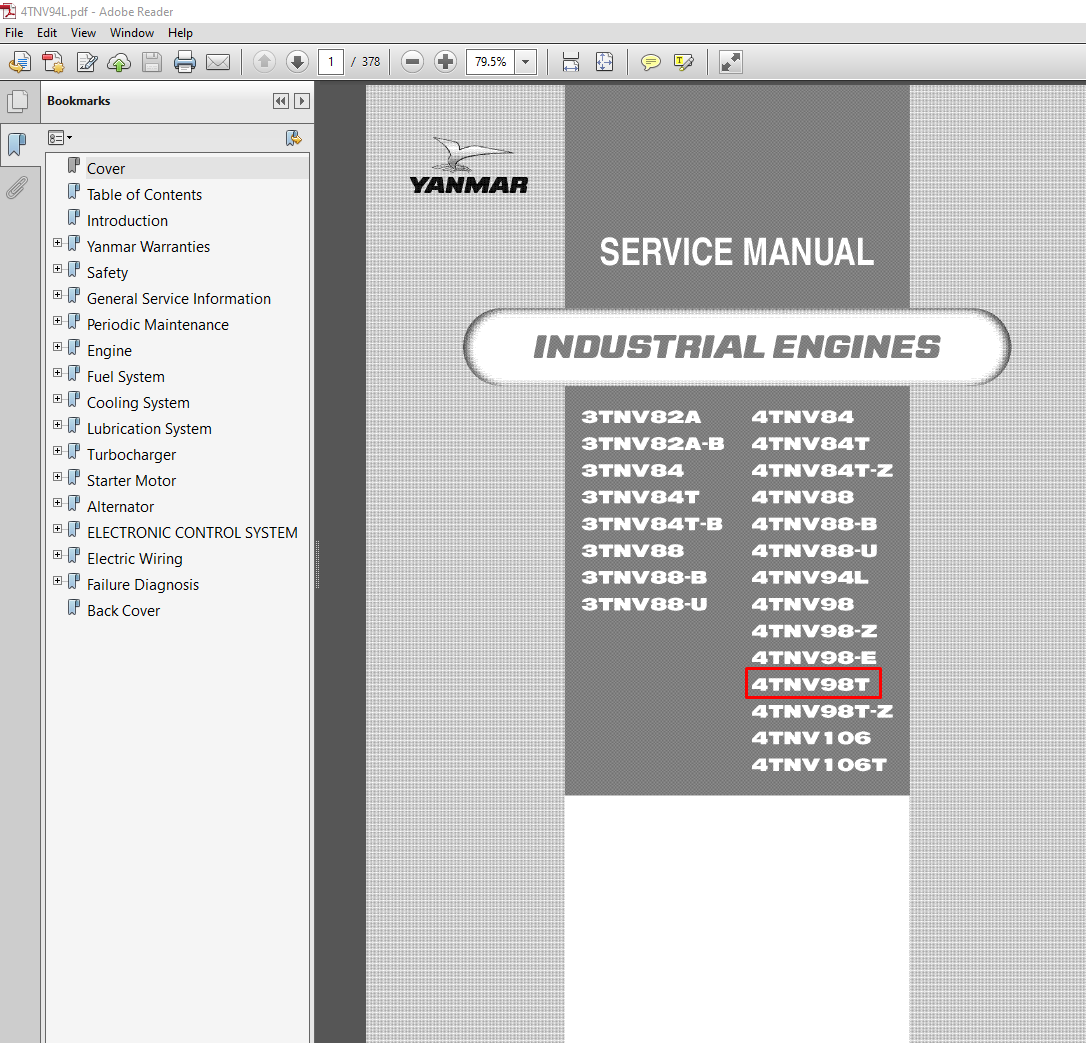 Yanmar 4TNV98-T Engine Service Repair Manual, showcasing engine diagrams and maintenance guidelines