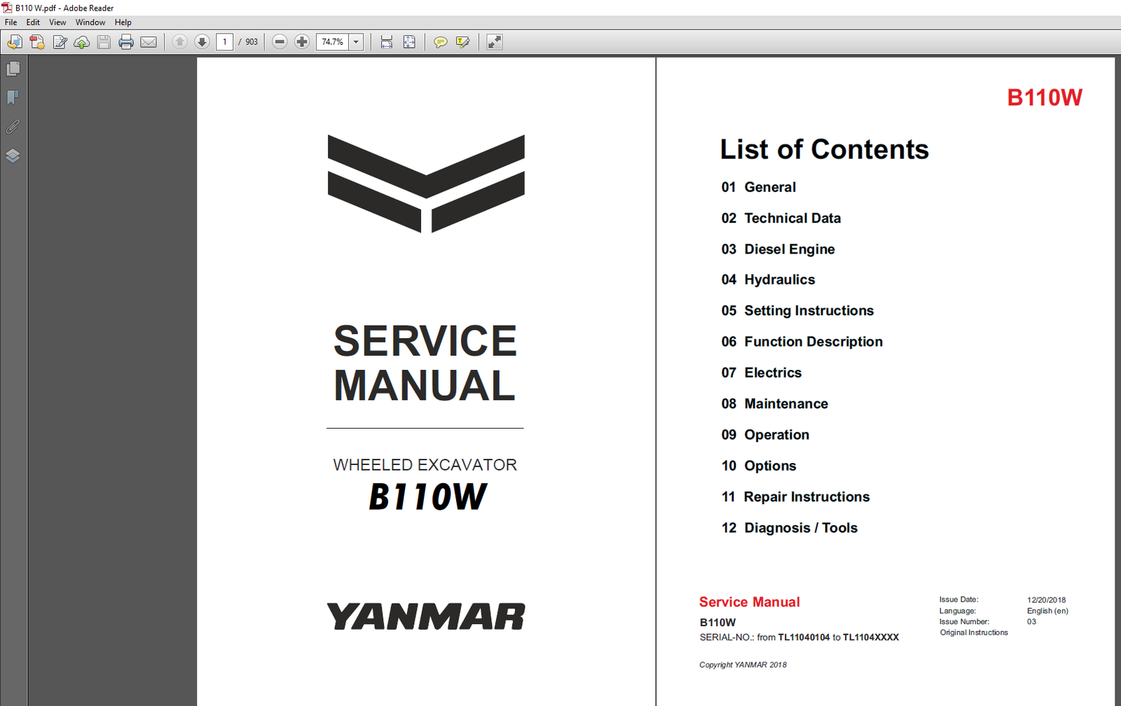 Yanmar B110W Wheel Excavator Service Manual cover, highlighting essential repair information and technical illustrations
