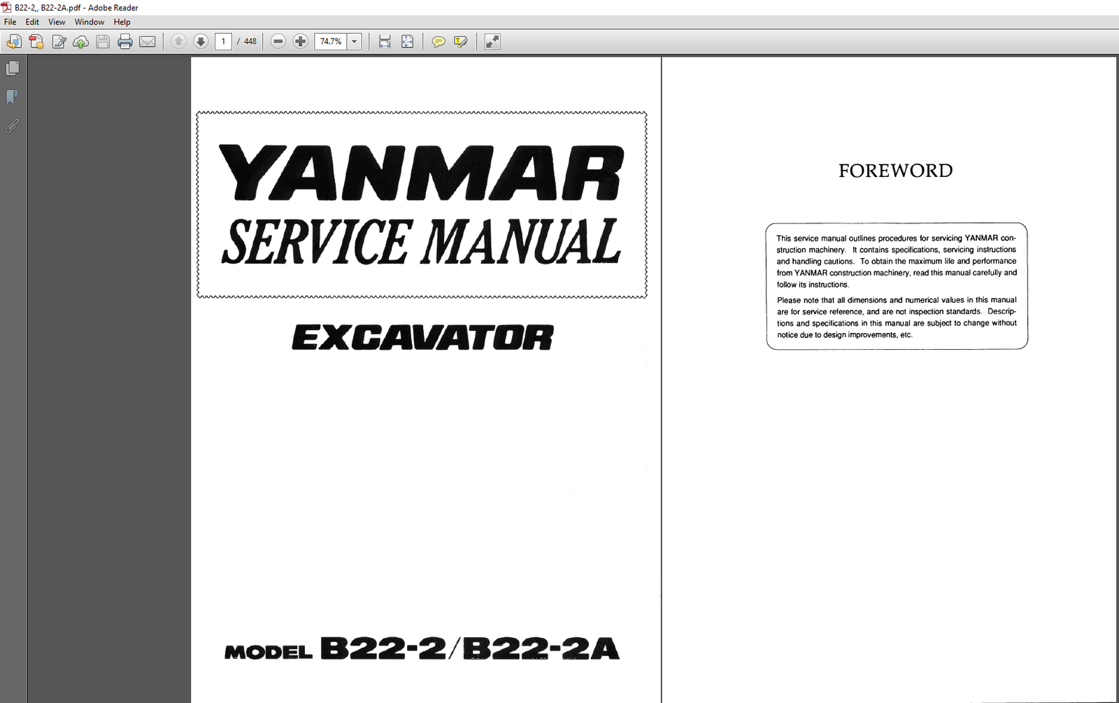 Service Repair Manual for Yanmar B22-2A Excavator, showcasing detailed diagrams and maintenance instructions