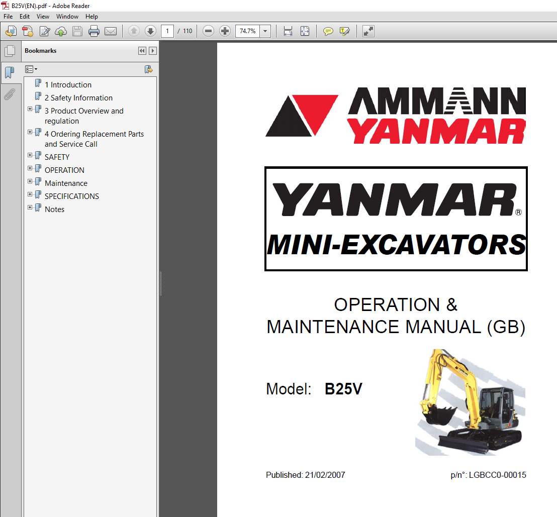 Yanmar B25V Excavator Operation and Maintenance Manual, detailing essential operation and maintenance instructions