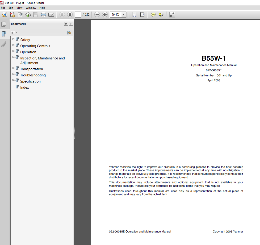 Yanmar B55W-1 Wheel Excavator Operation and Maintenance Manual, displaying the model and key operational details