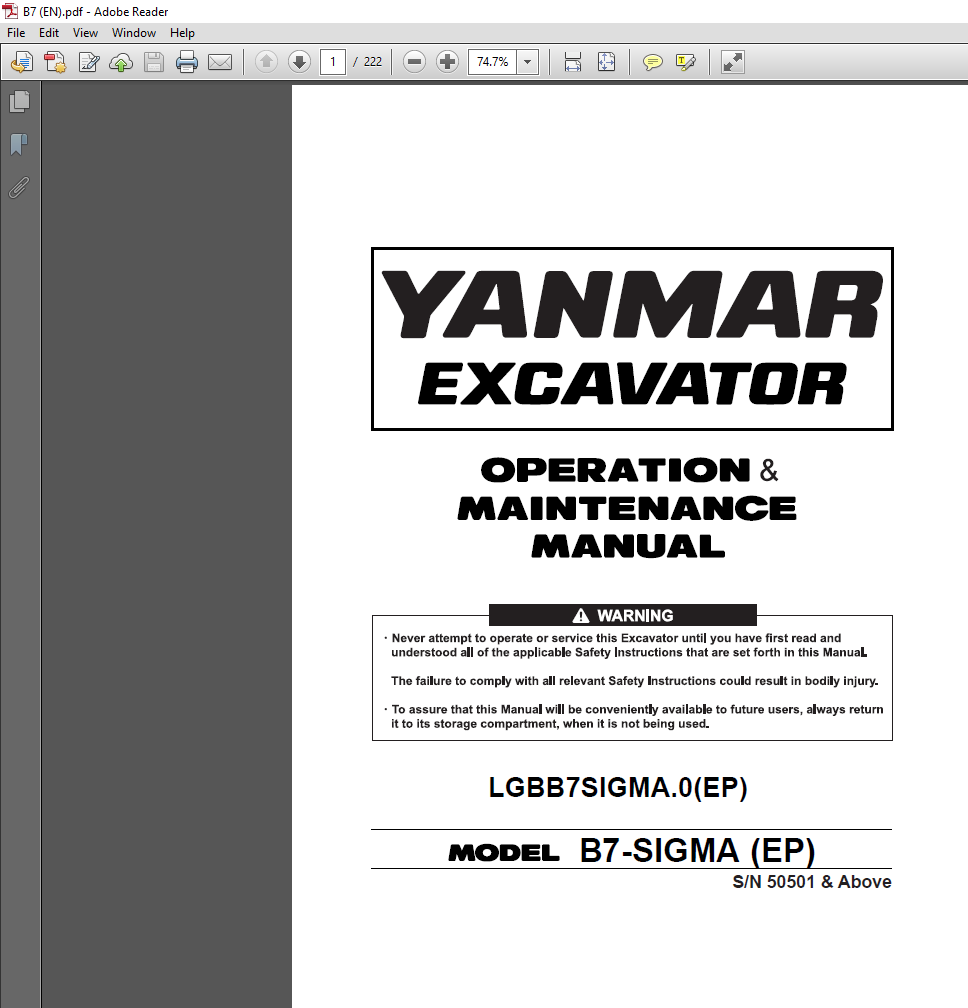 Yanmar B7 SIGMA Excavator Operation and Maintenance Manual