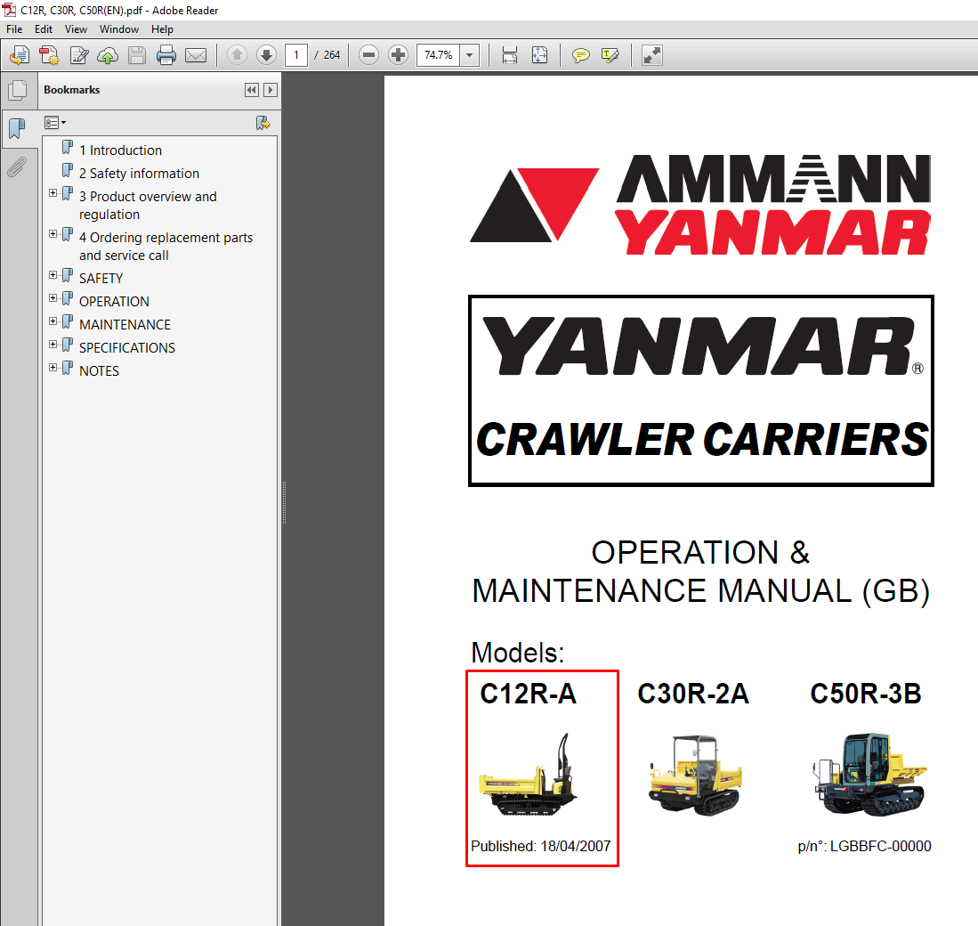 Yanmar C12R-A Crawler Carrier Operation and Maintenance Manual cover featuring the model name and technical illustrations