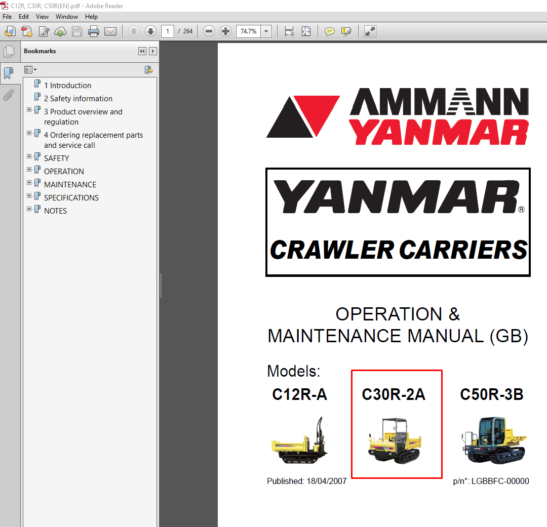 Cover of the Yanmar C30R-2A Crawler Carrier Operation and Maintenance Manual, highlighting essential maintenance information