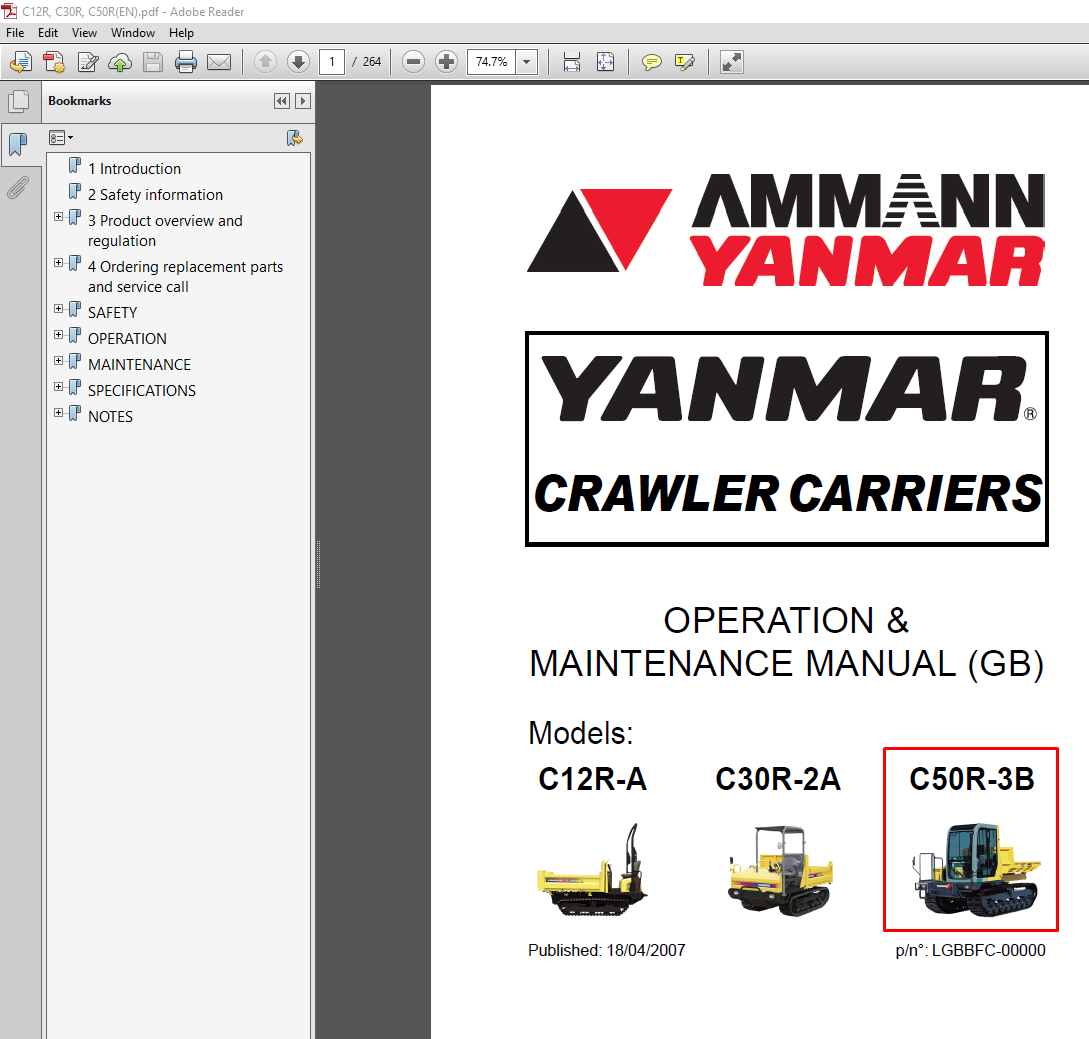 Cover of the Yanmar C50R-3B Crawler Carrier Operation and Maintenance Manual, highlighting essential maintenance information