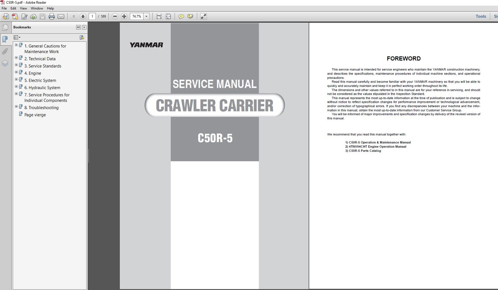 Service Repair Manual for Yanmar C50R-5 Crawler Carrier, showcasing detailed diagrams and maintenance instructions