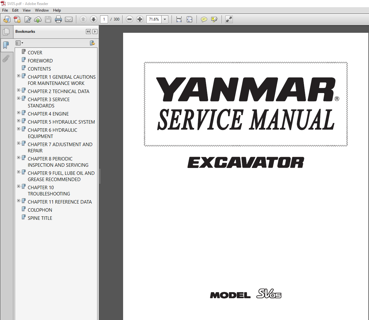 Yanmar SV05 Excavator Service Repair Manual, showcasing the model and essential repair information