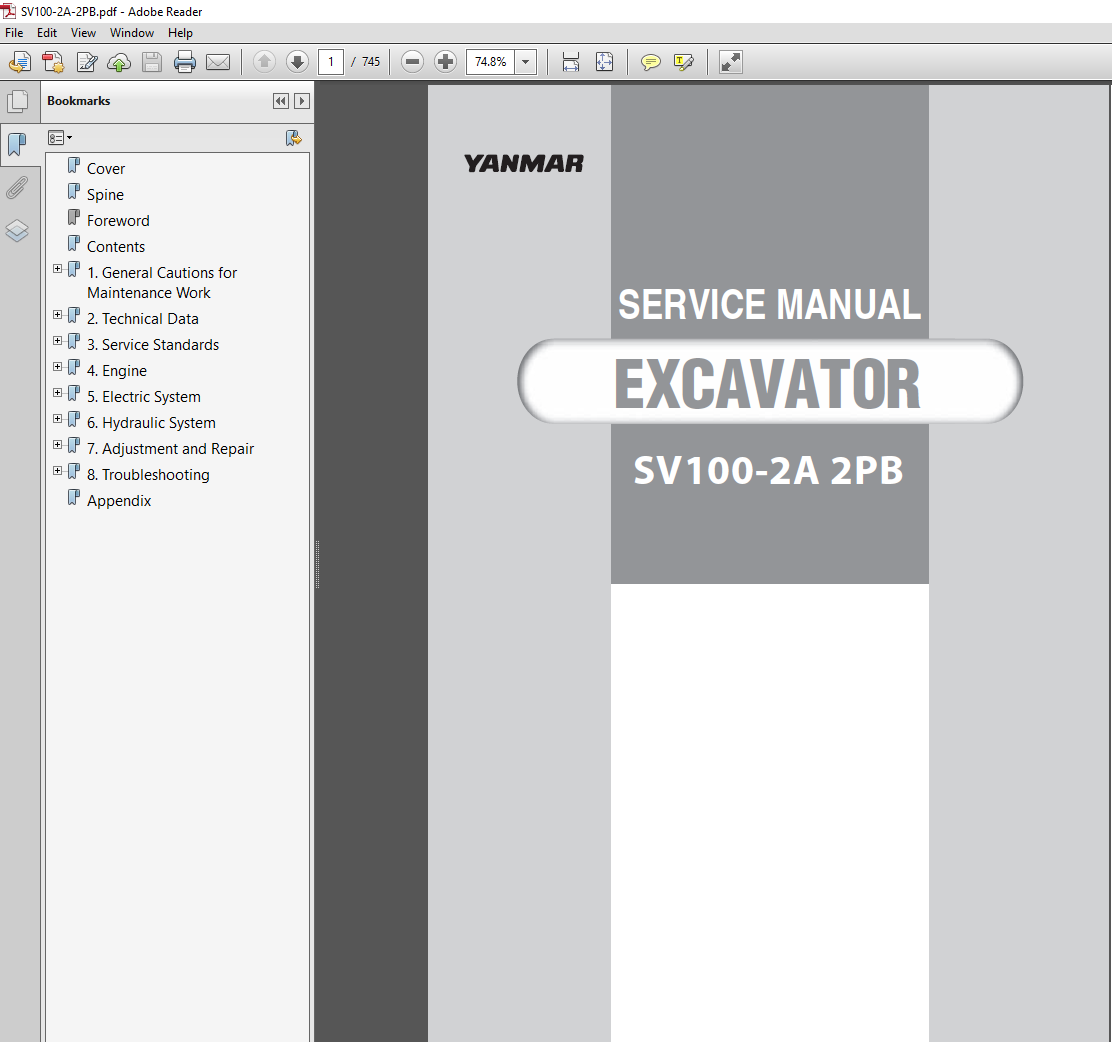Yanmar SV100-2A 2PB Excavator Service Repair Manual, displaying the model and repair