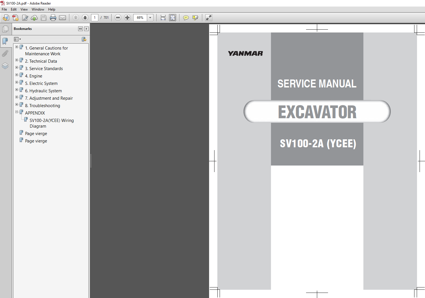 Yanmar SV100-2A Excavator Service Repair Manual, displaying the model and essential repair information