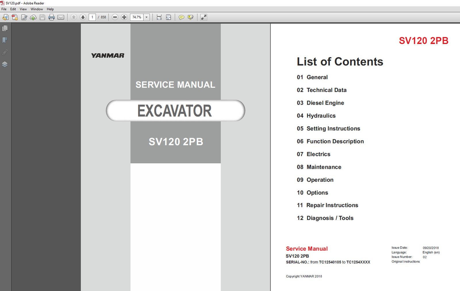 Service Repair Manual for Yanmar SV120 2PB Excavator, showcasing detailed diagrams and maintenance instructions