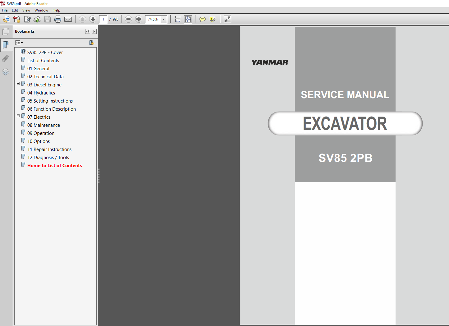 Yanmar SV85 2PB Excavator Service Manual cover with technical graphics and essential repair information