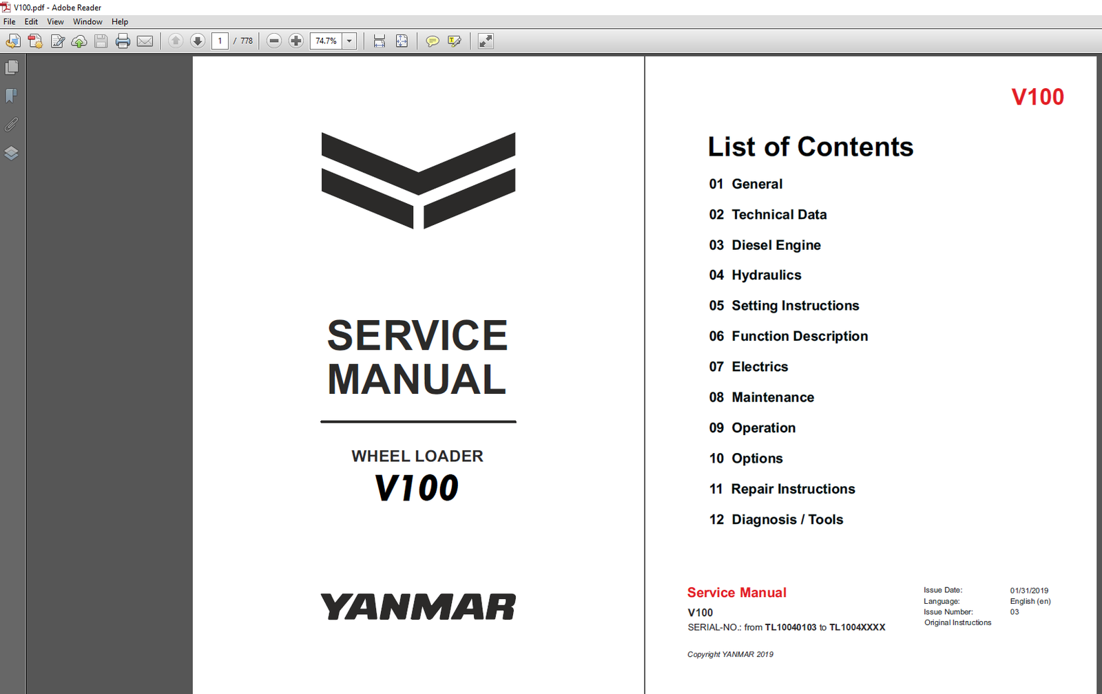Yanmar V100 Wheel Loader Service Manual cover with detailed images and repair guidelines for maintenance