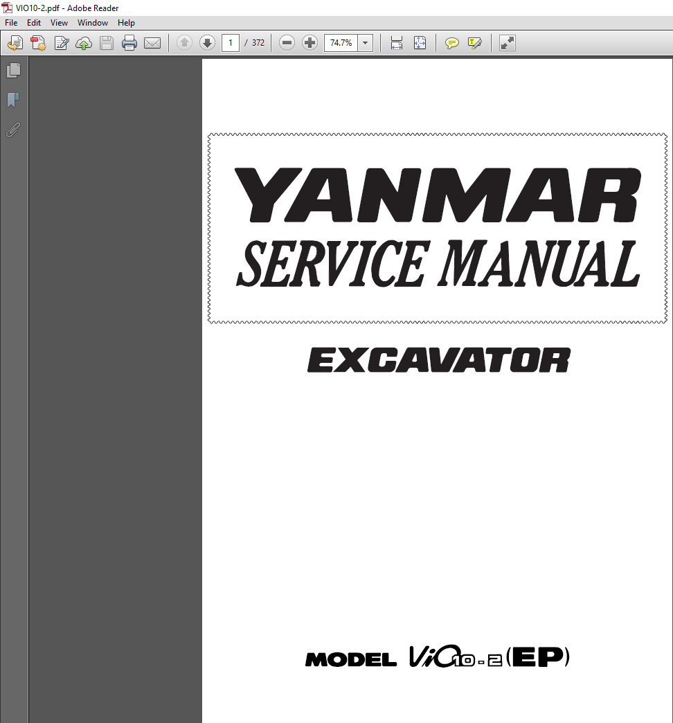 Yanmar VIO 10.2 Excavator Service Repair Manual, displaying the model and essential repair