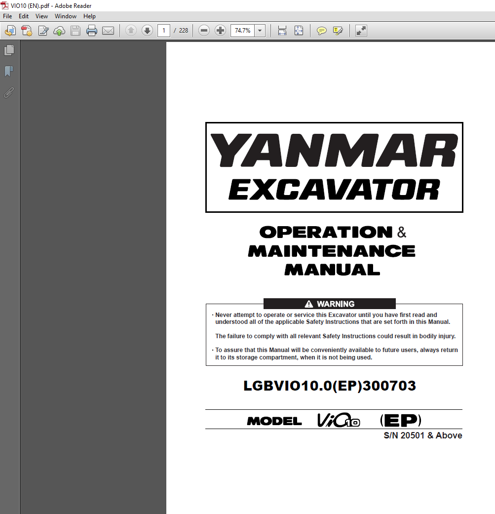 Yanmar VIO 10 Excavator operation and maintenance manual, showcasing the model and key operational details