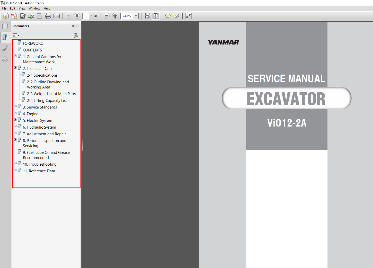 Yanmar VIO 12-2A Excavator service repair manual, showcasing the model and detailed diagrams