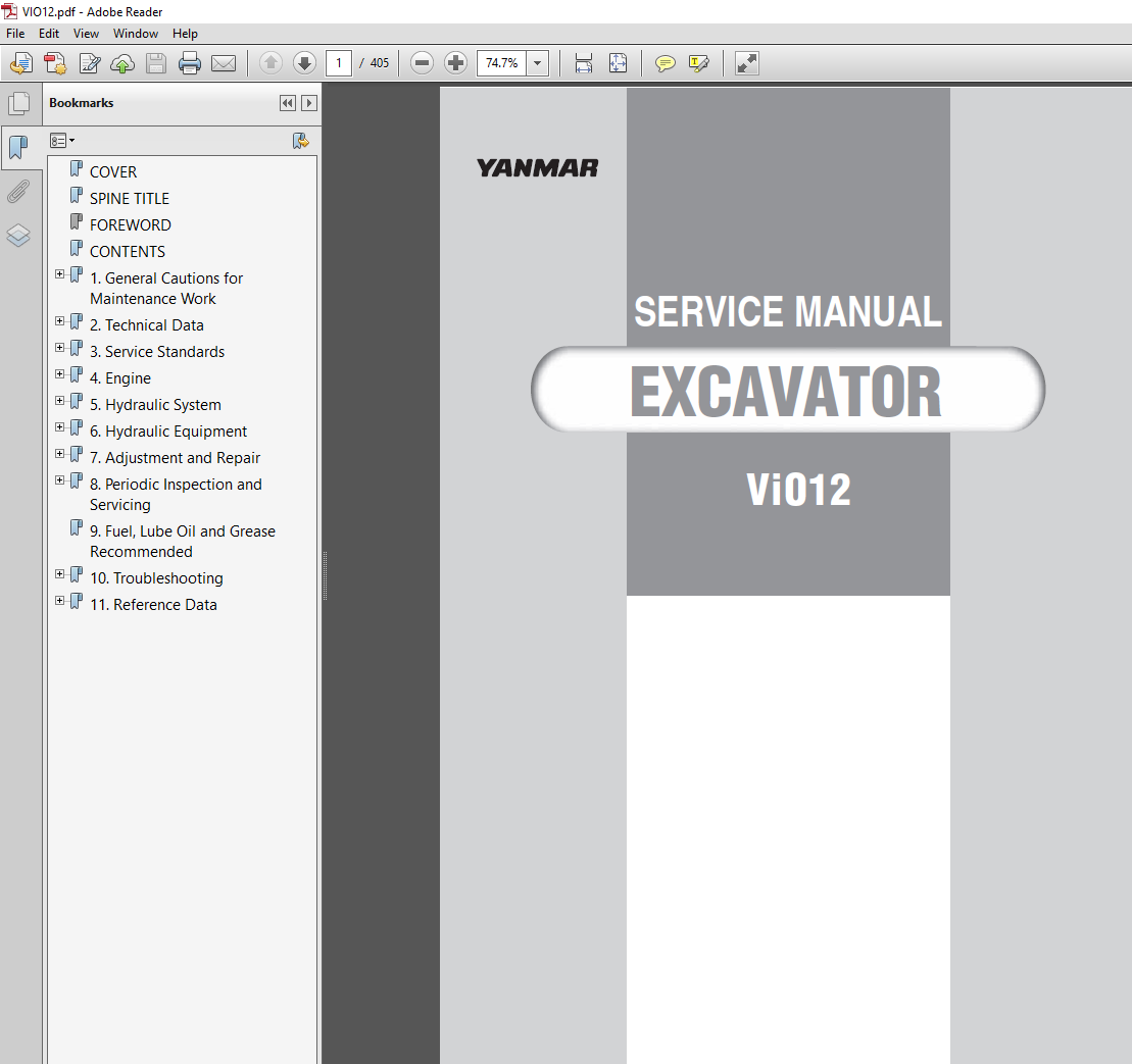 Yanmar VIO 12 Excavator Service Repair Manual cover featuring the model and technical illustrations for maintenance guidance