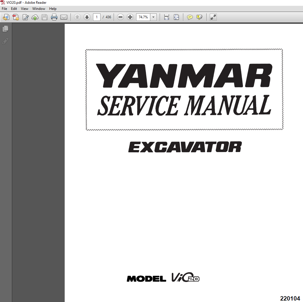 Yanmar VIO 20 Excavator Service Manual cover, highlighting essential repair information and technical illustrations