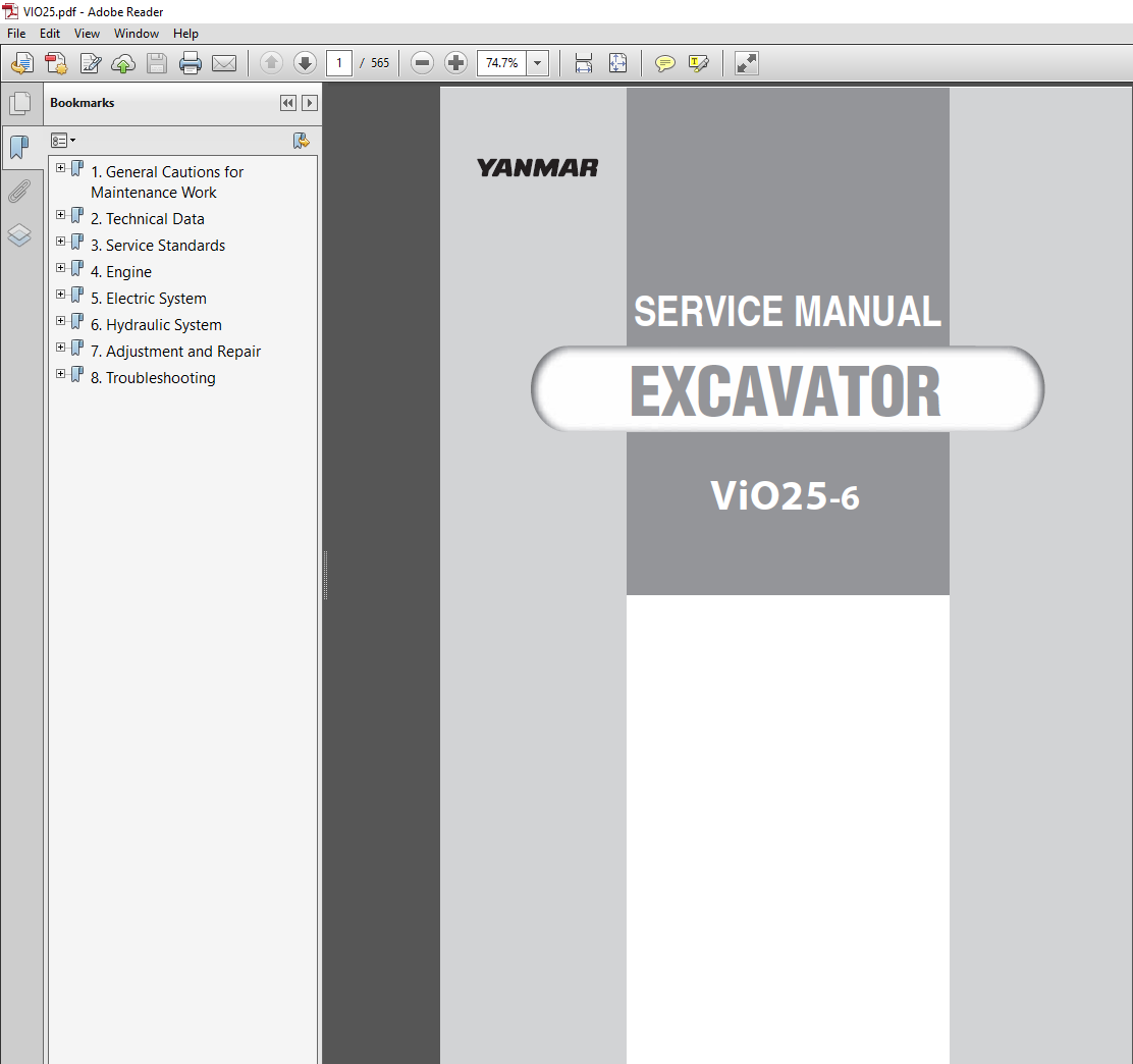 Yanmar VIO 25-6 Excavator Service Manual cover with technical graphics and essential repair information