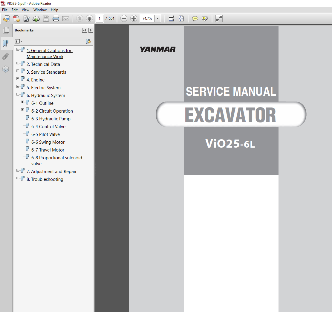 Yanmar VIO 25-6l Excavator Service Manual cover with technical graphics and essential repair information