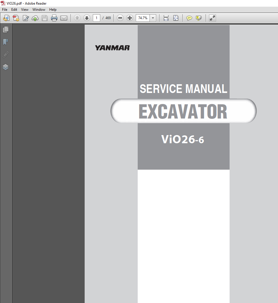 Yanmar VIO 26-6 Excavator Service Manual cover, highlighting essential repair information and technical illustrations
