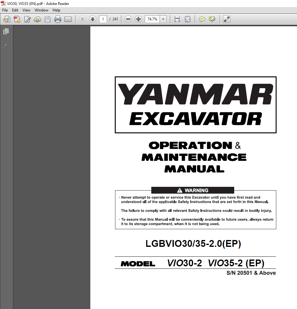 Yanmar VIO 30-2 and VIO 35-2 Excavator Operation and Maintenance Manual cover essential operational guidelines and maintenance tips