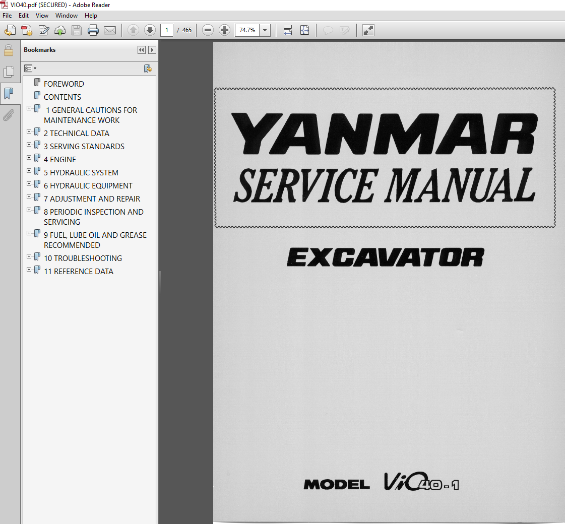 Yanmar VIO 40-1 Excavator Service Repair Manual, showcasing the model and key repair information