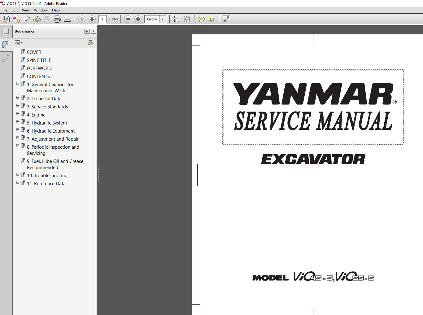 Yanmar VIO 45-5 Excavator Service Manual cover with technical graphics and essential repair information