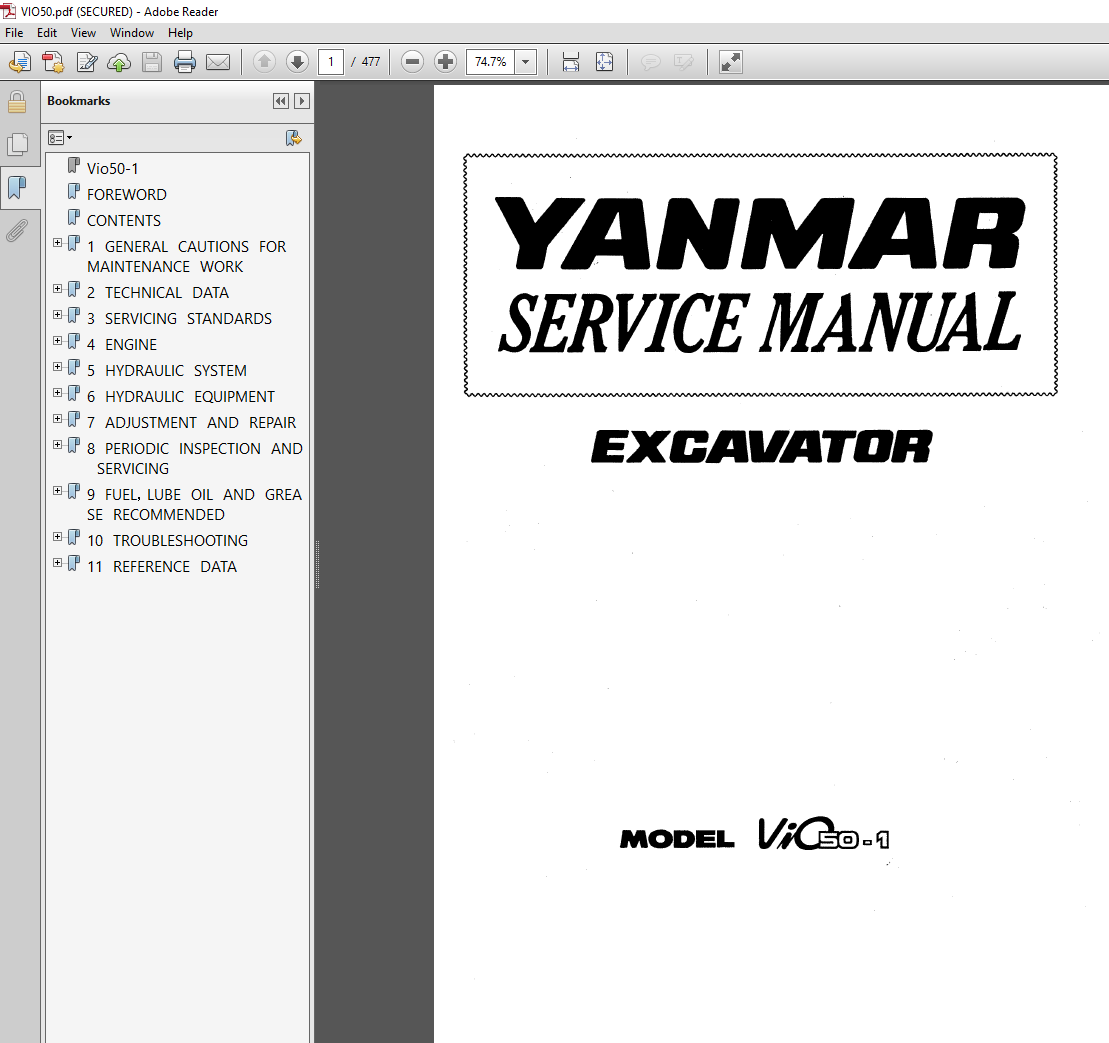 Yanmar VIO 50-1 Excavator service manual cover with detailed illustrations and essential repair guidelines