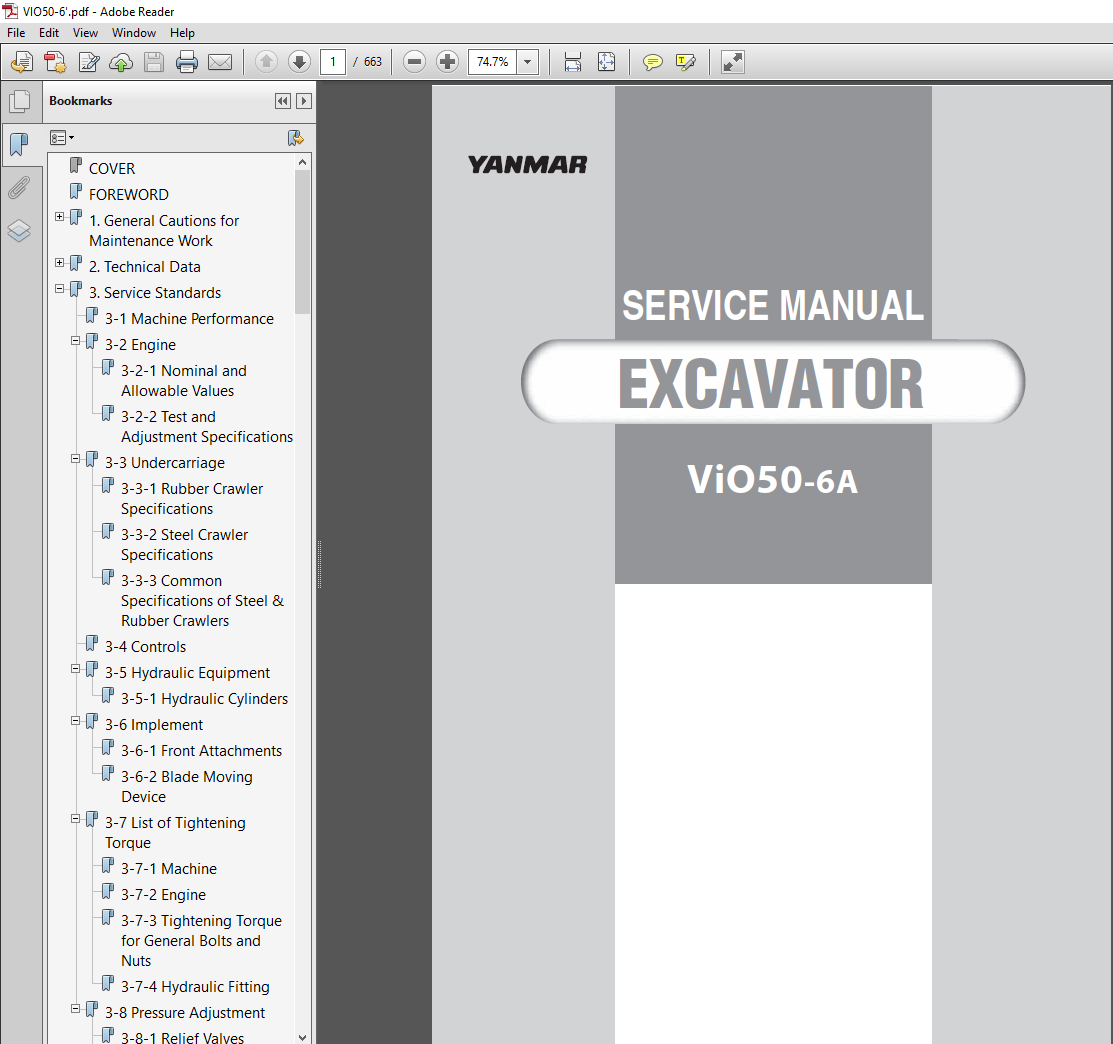 Service Repair Manual for Yanmar VIO 50-6A Excavator, showcasing detailed diagrams and maintenance instructions