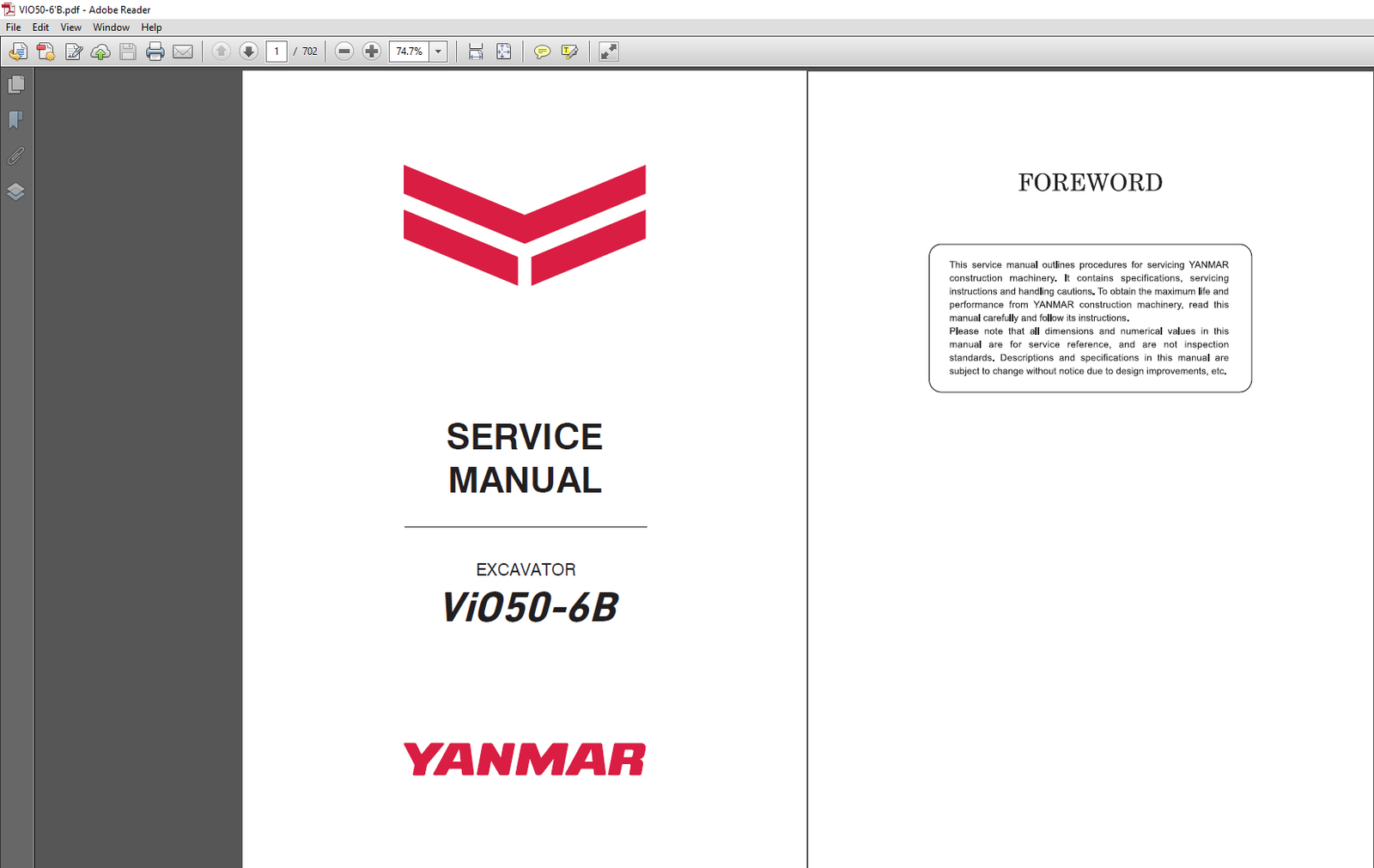 Yanmar VIO 50-6B Excavator service repair manual, showcasing the model and key repair information