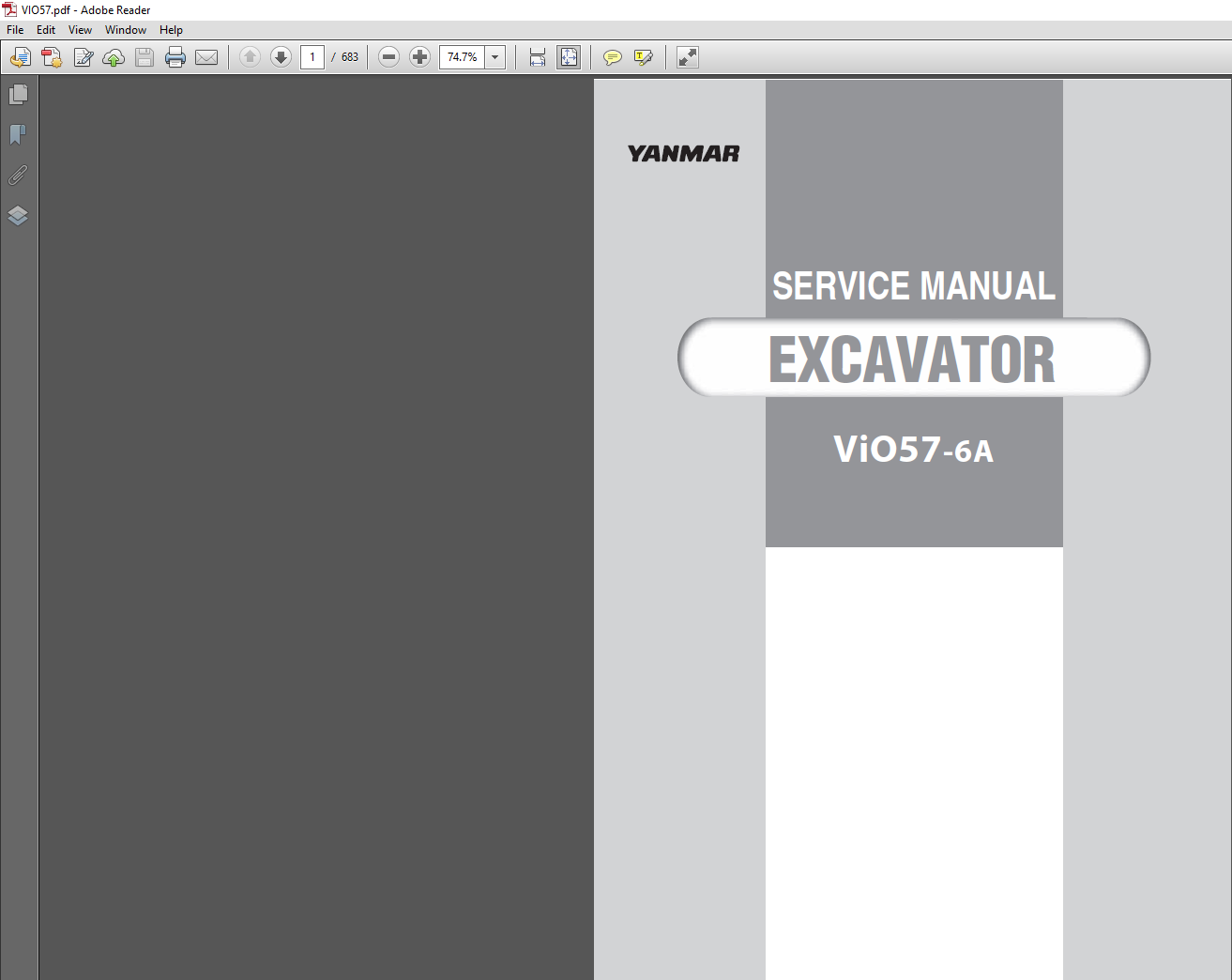 Yanmar VIO 57-6A Excavator repair manual cover, highlighting essential service information and technical drawings for repairs