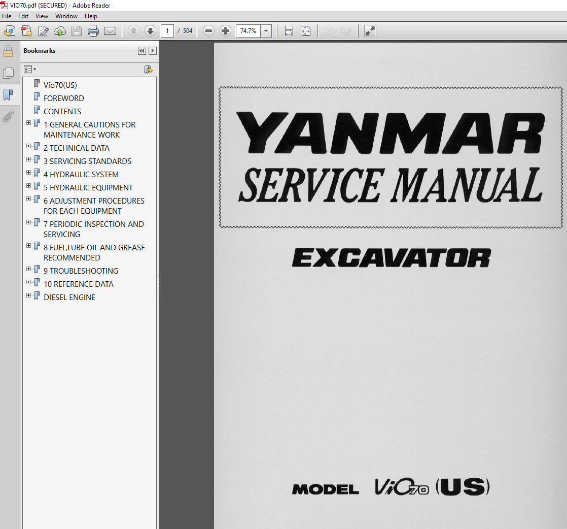 Yanmar VIO70 Excavator Service Repair Manual PDF download cover image with excavator illustration and factory workshop repair information.