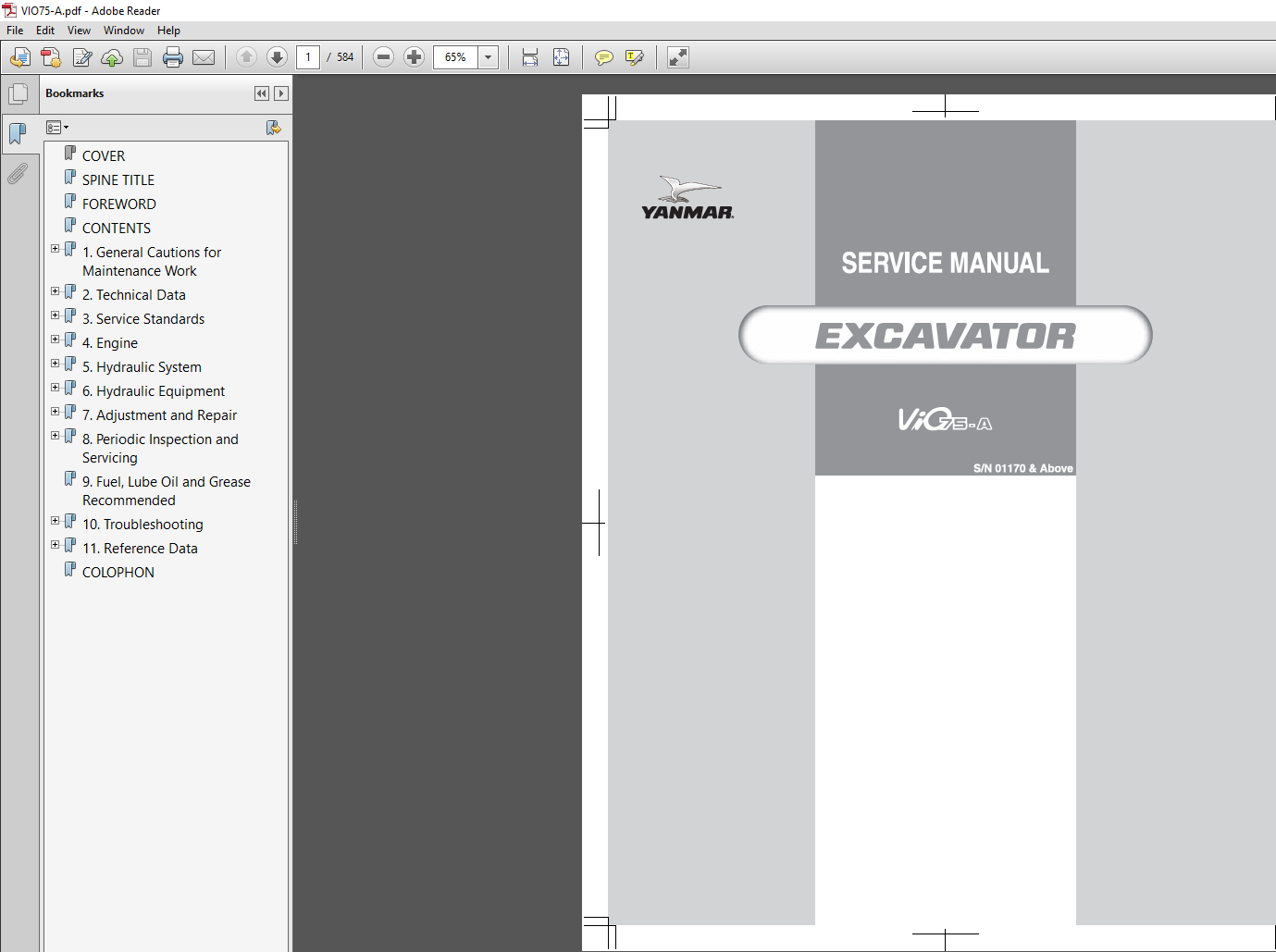Yanmar VIO75-A Excavator Service Repair Manual PDF download cover image with excavator graphic and factory workshop repair information