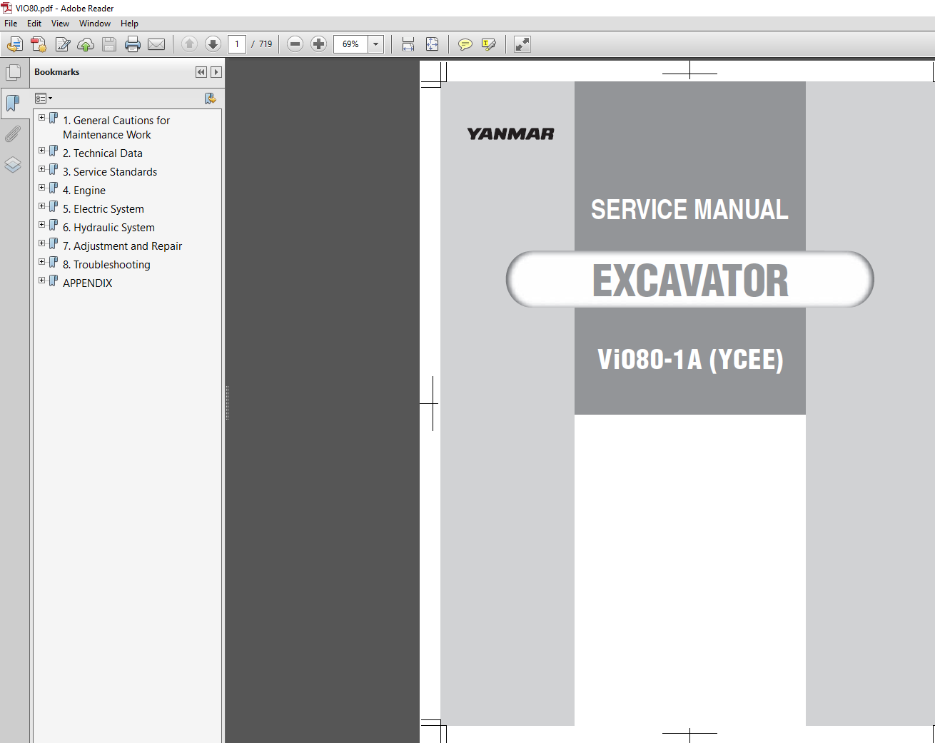 Yanmar VIO80-1A Excavator Service Repair Manual PDF download cover image with excavator graphic and factory workshop service information