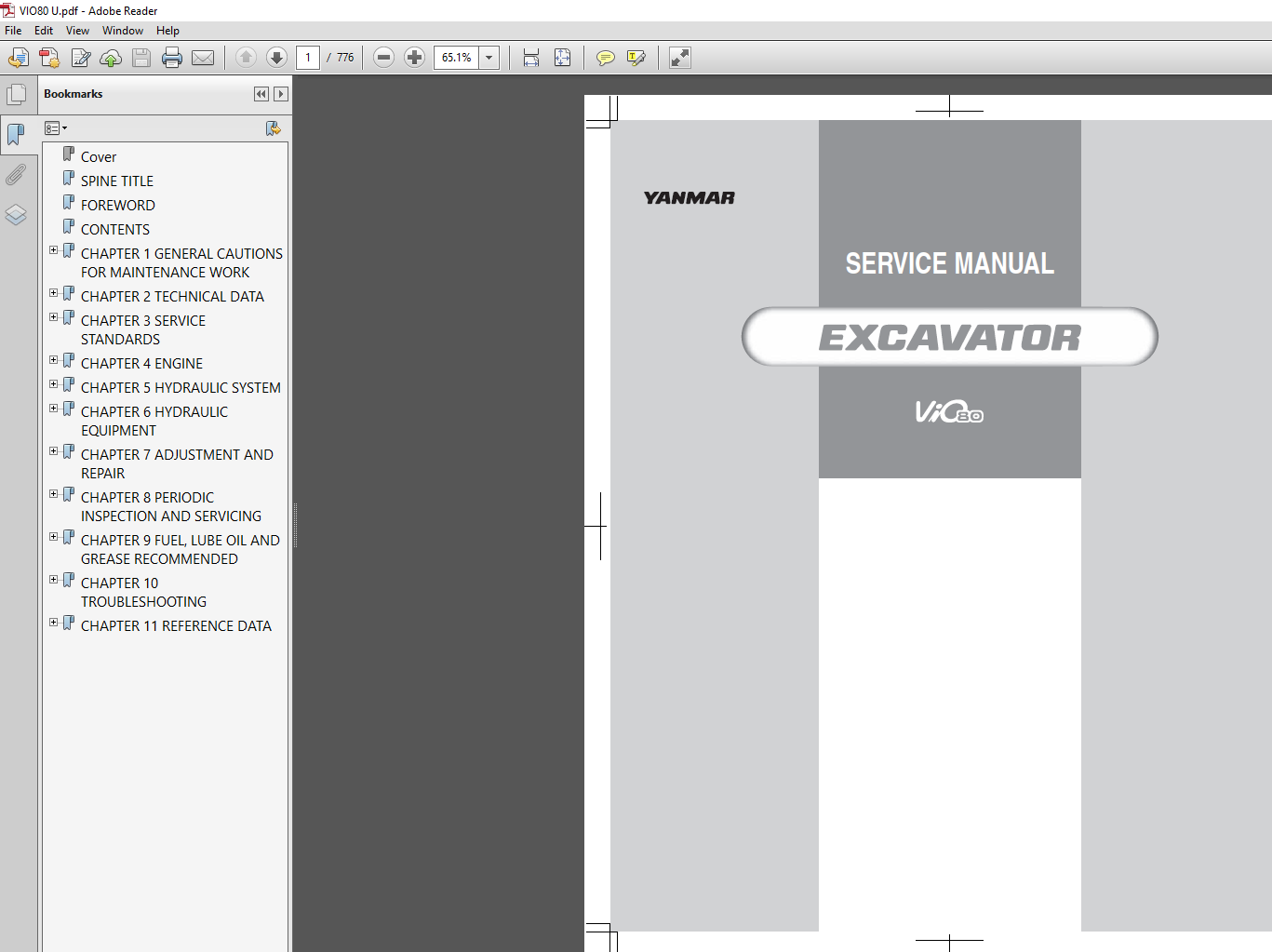 Yanmar VIO80 Excavator Service Repair Manual PDF download cover image with excavator illustration and workshop repair information