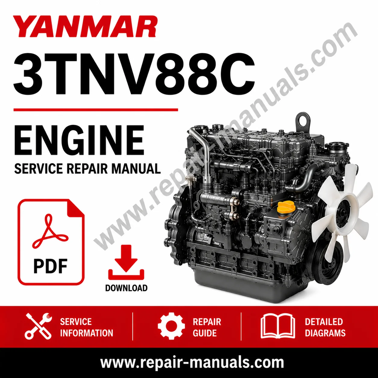 Service manual for Yanmar 3TNV88C, displaying detailed diagrams and instructions for engine servicing and repairs