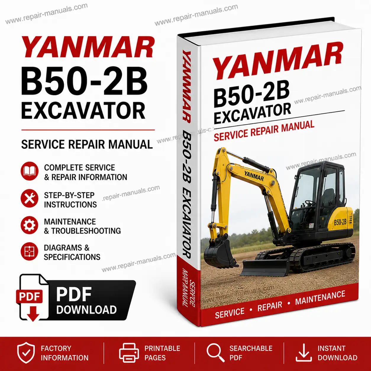 Yanmar B50-2b Excavator Service Manual cover with technical graphics and essential repair information