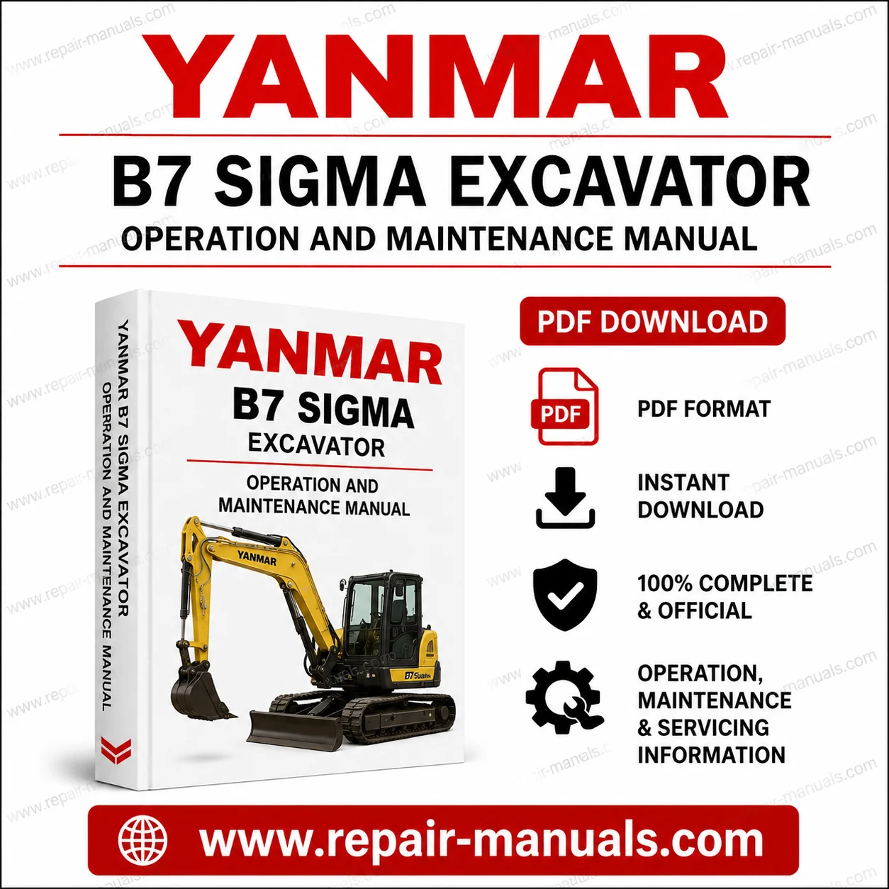 Yanmar B7 SIGMA Excavator Operation and Maintenance Manual, showcasing the excavator and key operational details