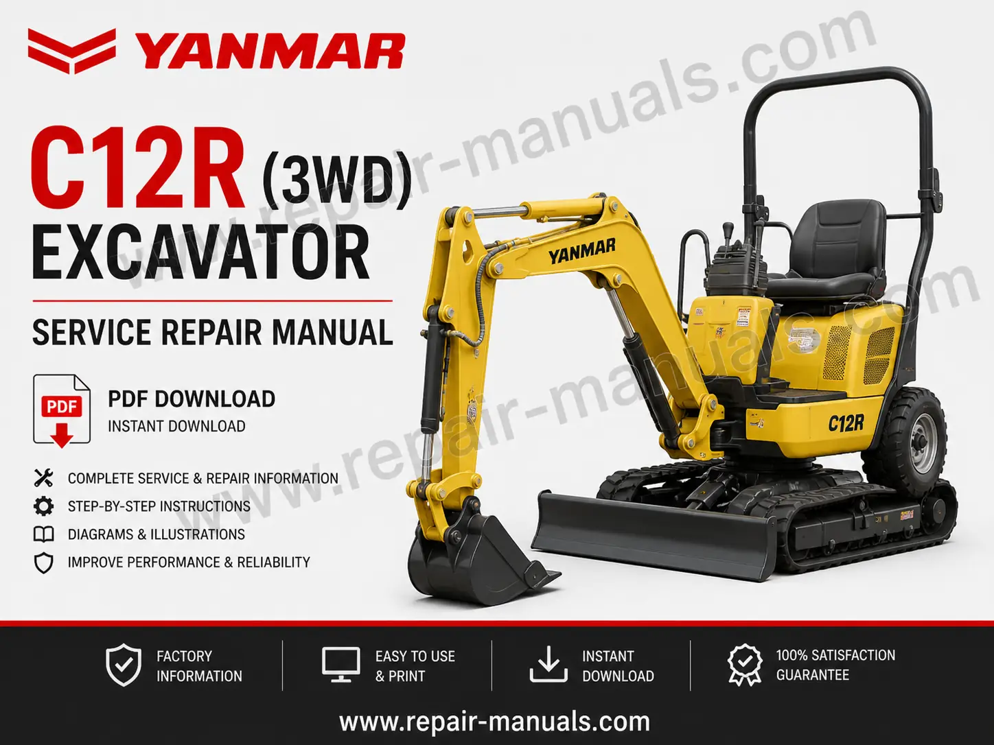 Yanmar C12R (3WD) Excavator Service Manual cover, displaying the model and essential repair information