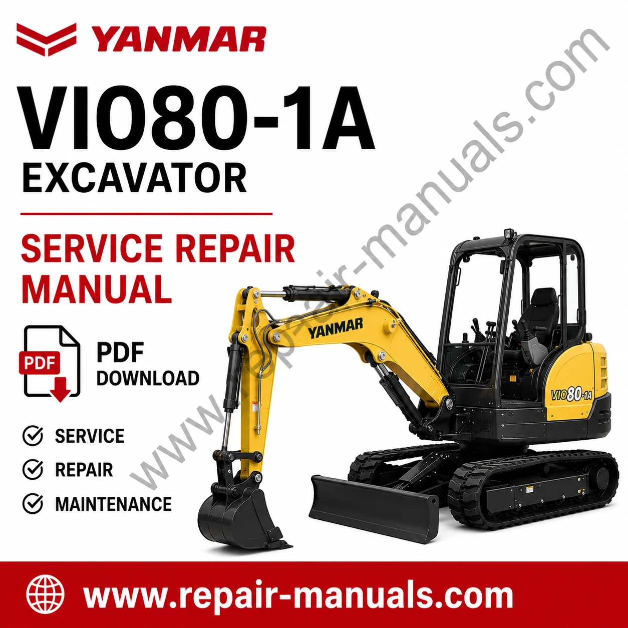 Yanmar VIO80-1A Excavator Service Repair Manual PDF download cover image with excavator graphic and factory workshop service information