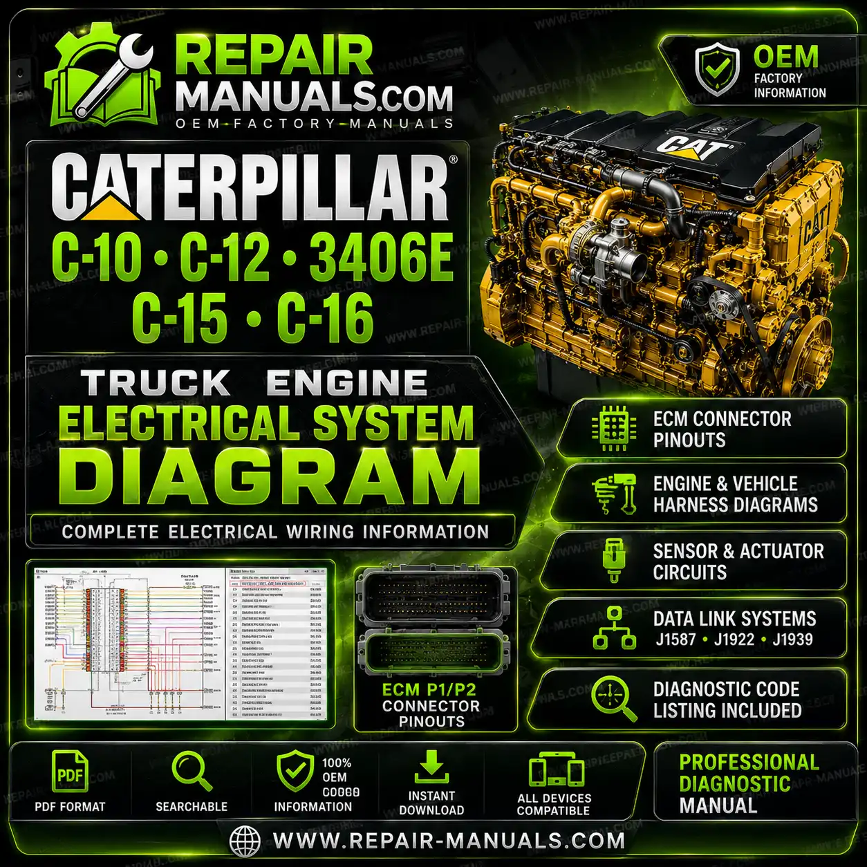 Caterpillar C10 C12 3406E C15 C16 Electrical System Diagram PDF Instant Download