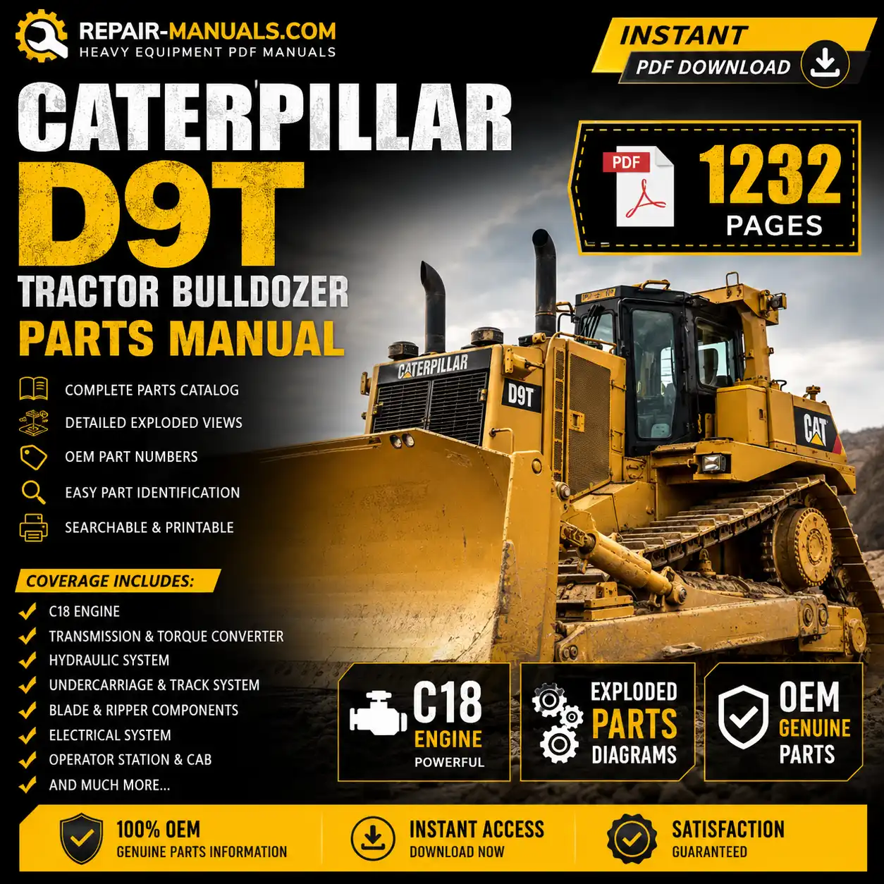 Caterpillar D9T Tractor Bulldozer Parts Manual PDF Download