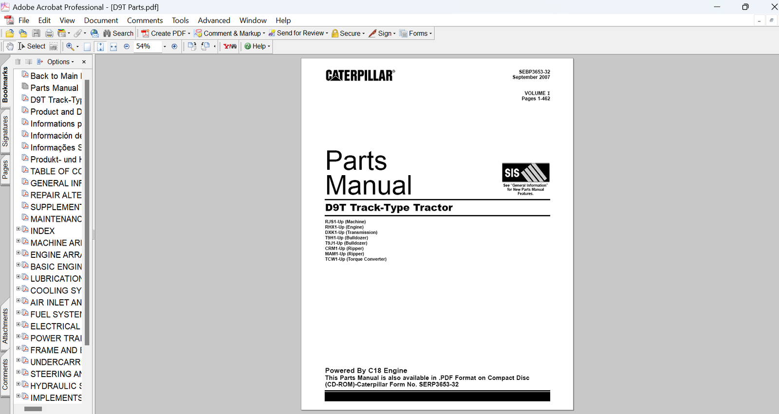 Caterpillar D9T Tractor Bulldozer Parts Manual PDF Download