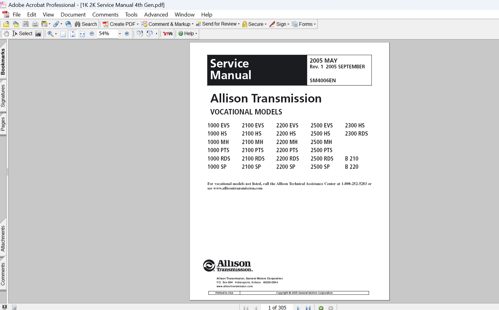 Allison 1000 and 2000 Product Families 4th Generation Controls Service Repair Manual PDF